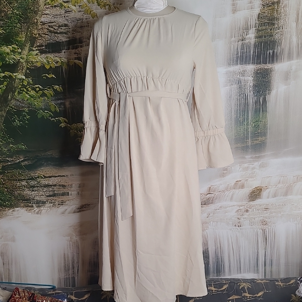 New! Womens Small khaki beige long sleeve feminine empire waist maxi dress